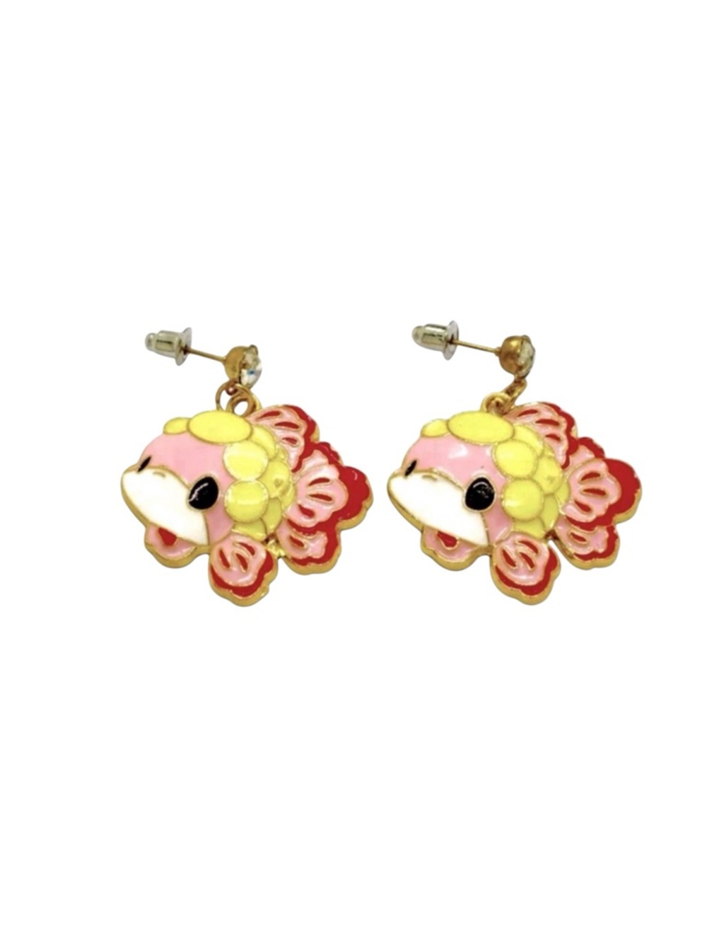 Pokémon Style Pink & Yellow Enamel Textured Rhinestone Stud Earrings